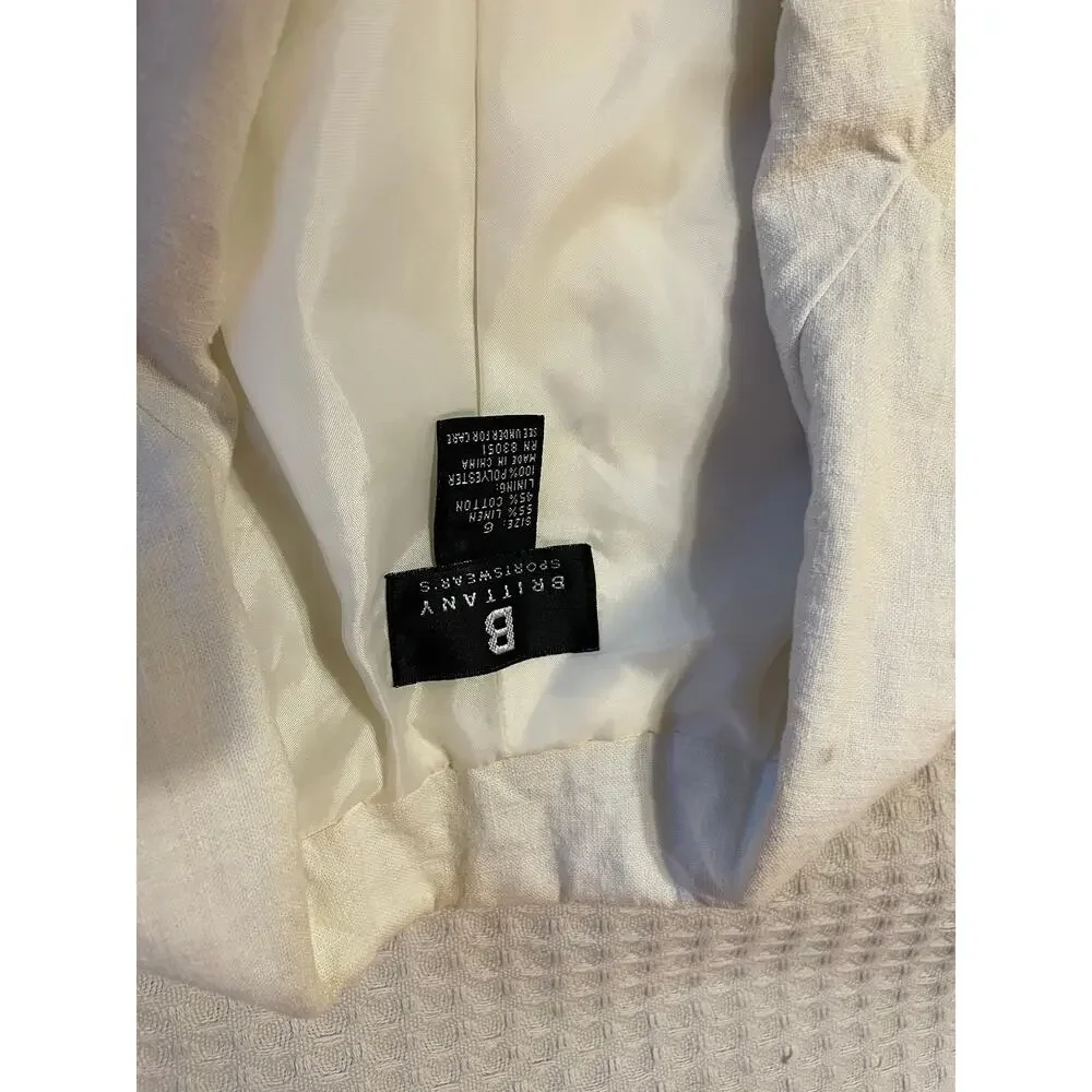 Brittany Sportswear Classic Linen Cotton Blended Cream One Button Blazer Size 6